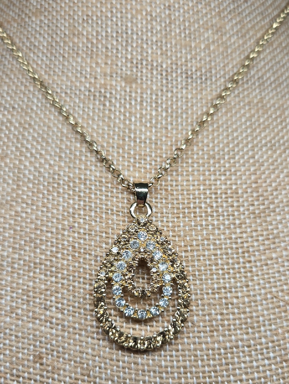 Gold Tone Nesting Teardrop Crystal Pendant Necklace - Monet